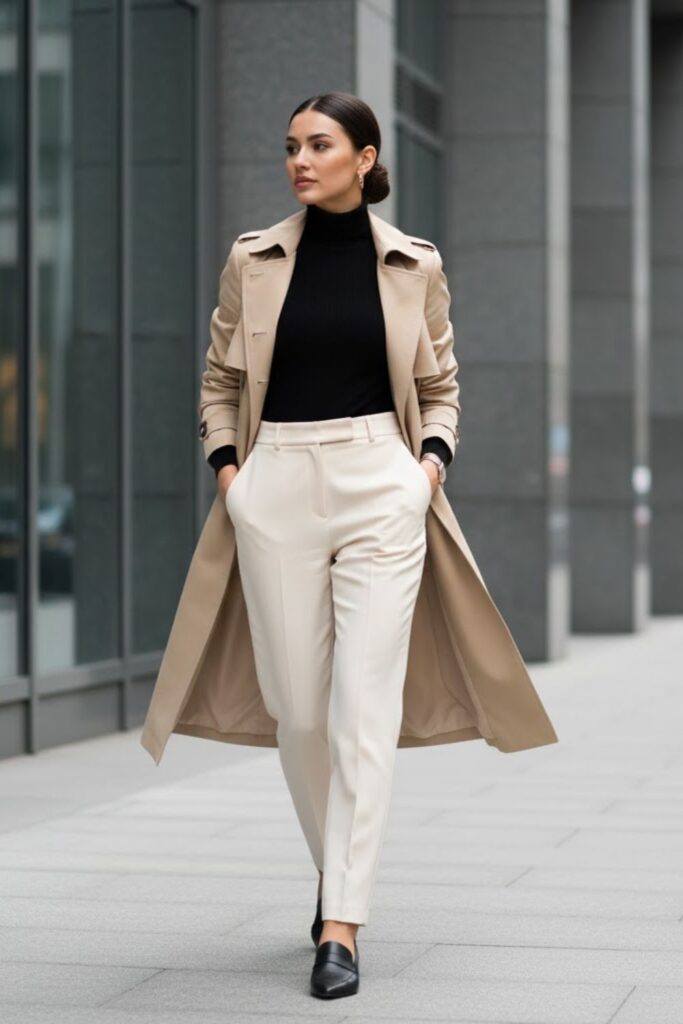 8. Spring Trench Coat with Turtleneck and Tailored Pants