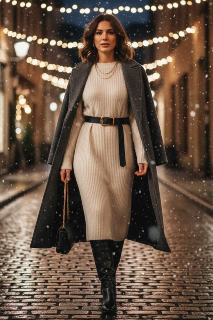 8. Sweater Dress with Belt and Boots