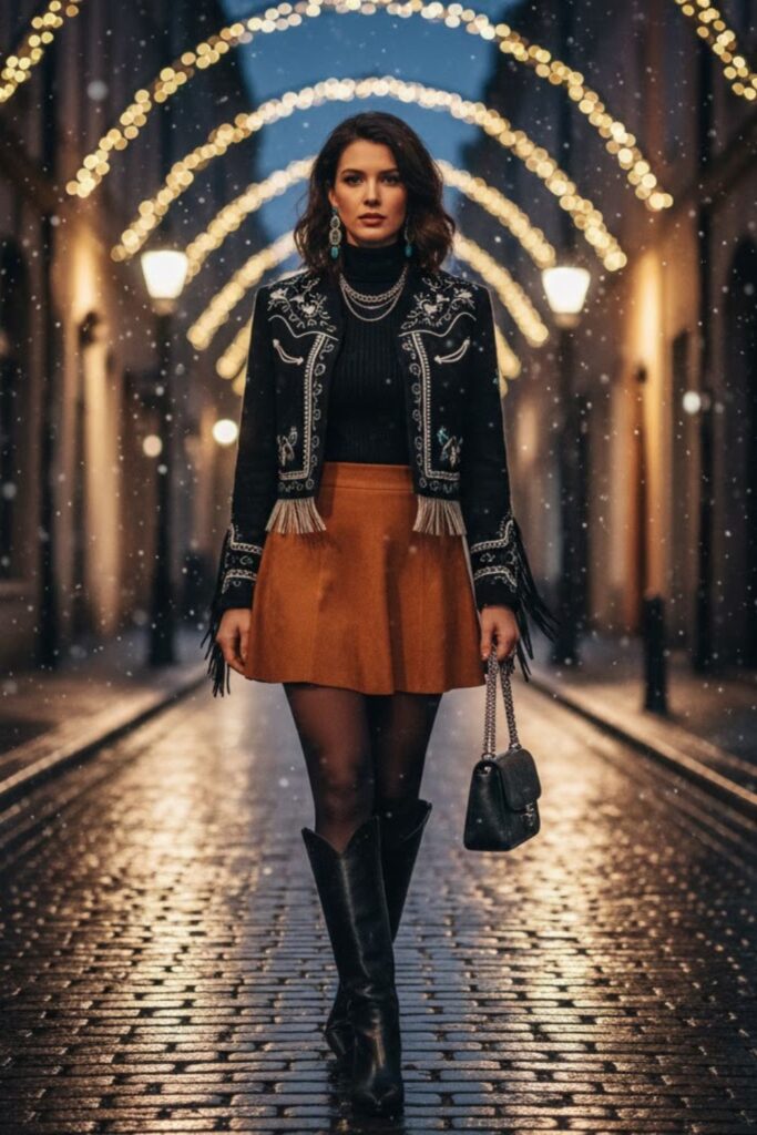 8. Turtleneck Sweater, Suede Skirt, and Tall Boots
