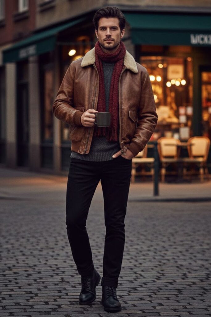 8. Vintage Leather Jacket with Sweater and Black Jeans