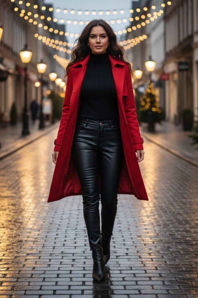 8. Winter Trench Coat with Faux Leather Pants
