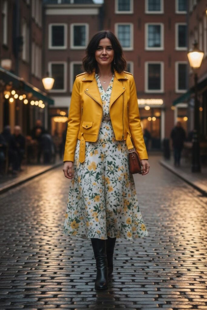 8. Yellow Leather Jacket with Floral Dress and Ankle Boots