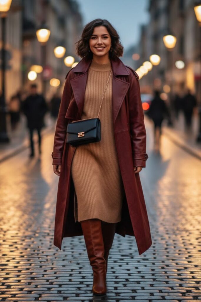 8. Zara Leather Jacket with a Sweater Dress and Boots