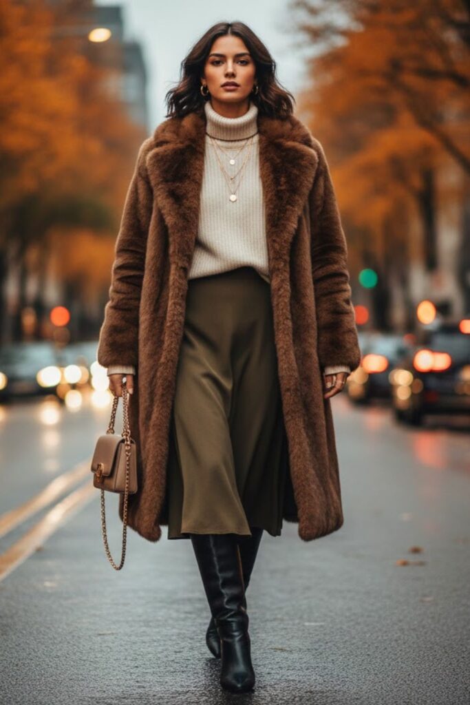 8. long fur coat outfit with turtleneck sweater and midi skirt