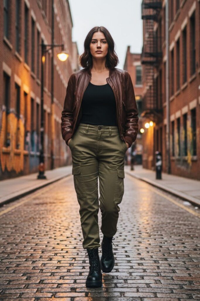 9. 90s Leather Jacket Outfit with Cargo Pants