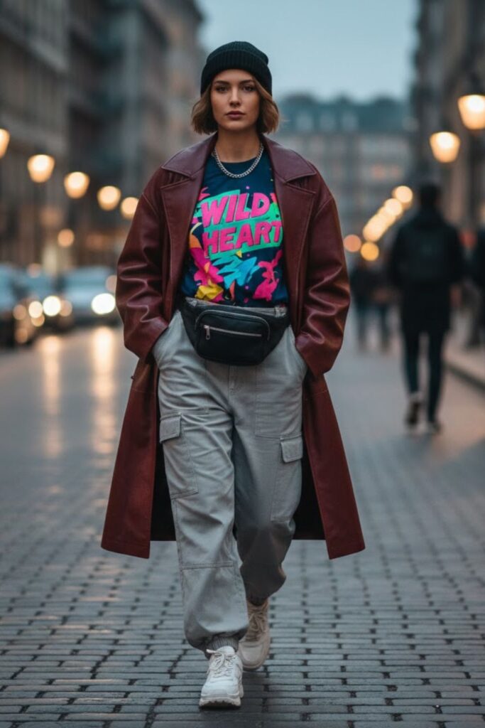 9. Baggy Leather Jacket with Graphic Tee and Joggers