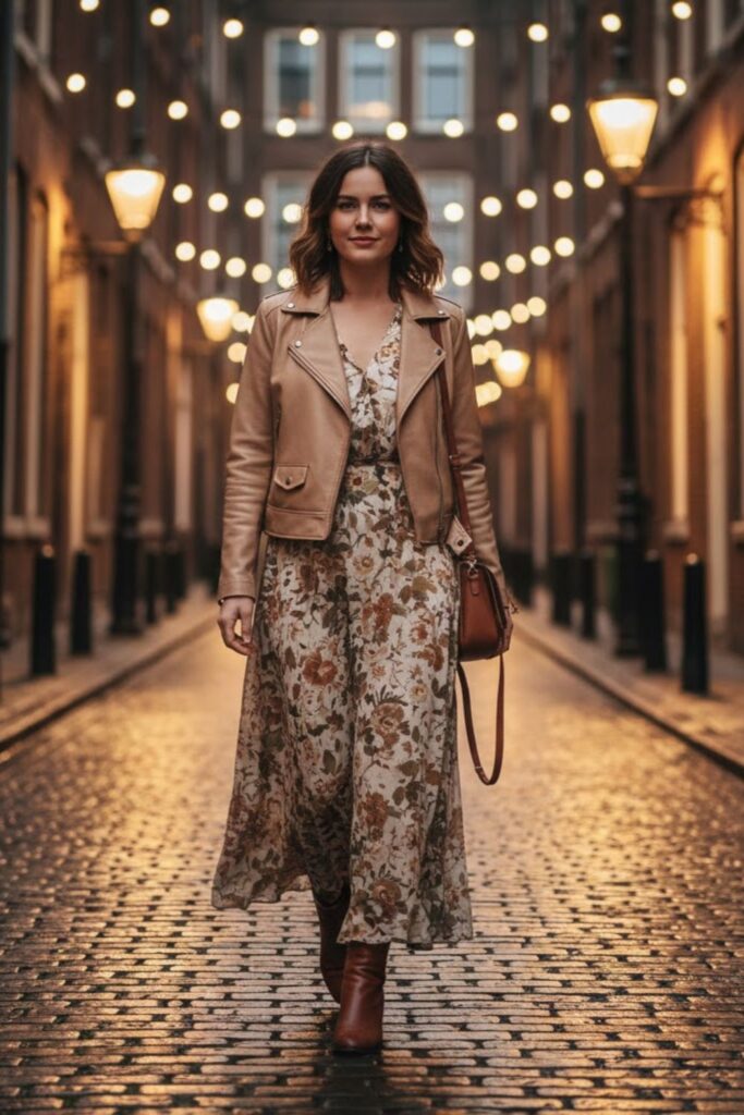 9. Beige Leather Jacket with a Flowy Maxi Dress