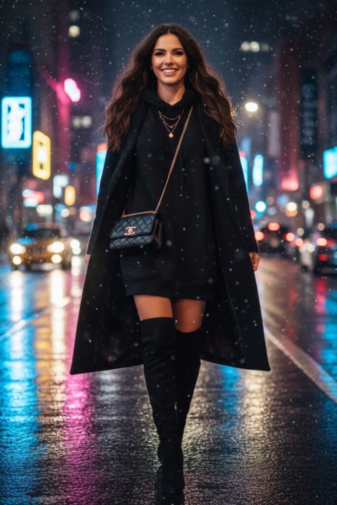 9. Black Hoodie Dress with Black Over-the-Knee Boots
