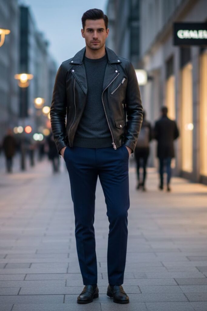 9. Black Leather Jacket Outfit Men with Tailored Pants