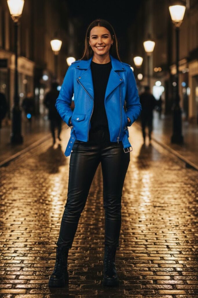 9. Blue Leather Jacket Outfit with Black Leather Pants