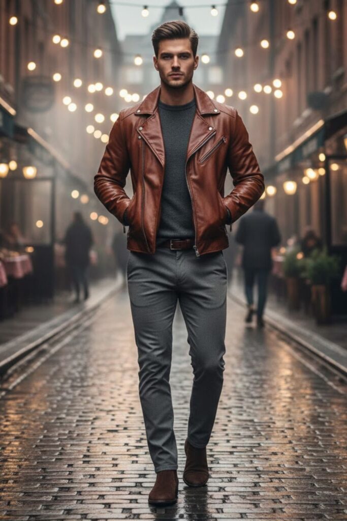 9. Brown Leather Jacket with Grey Chinos