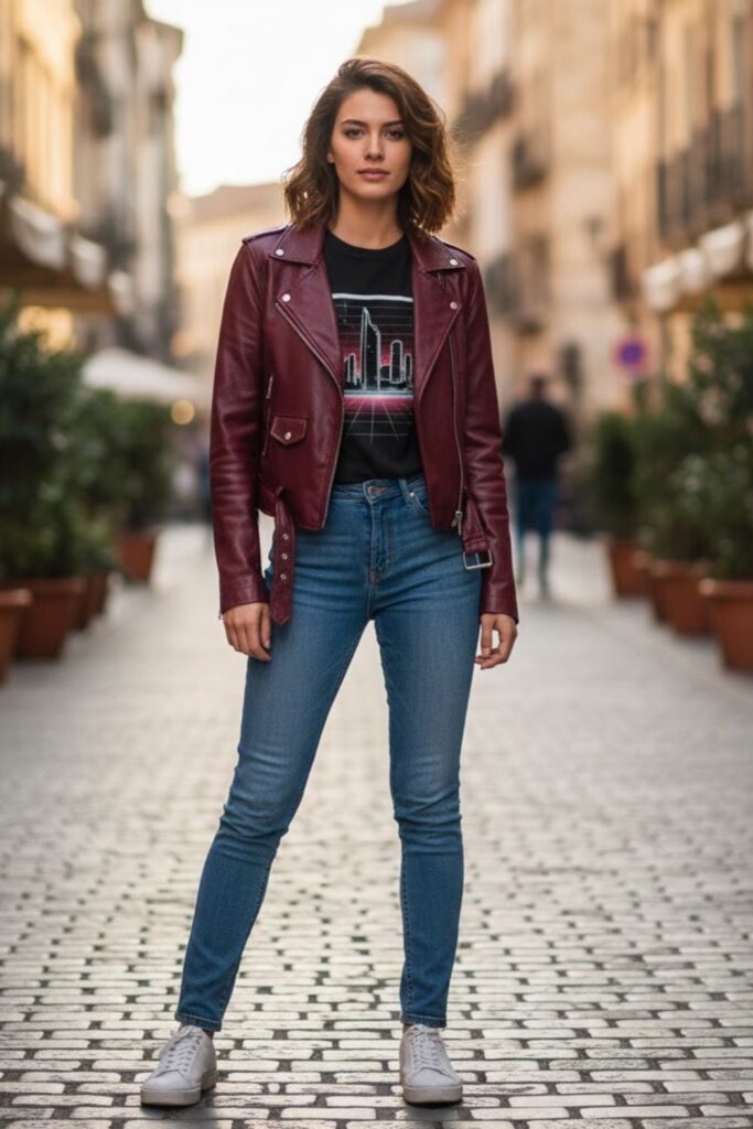 9. Burgundy Leather Jacket Outfit with Graphic Tee and Denim