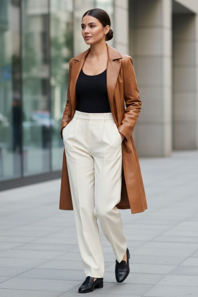 9. Camel Leather Jacket Outfit with Wide-Leg Trousers