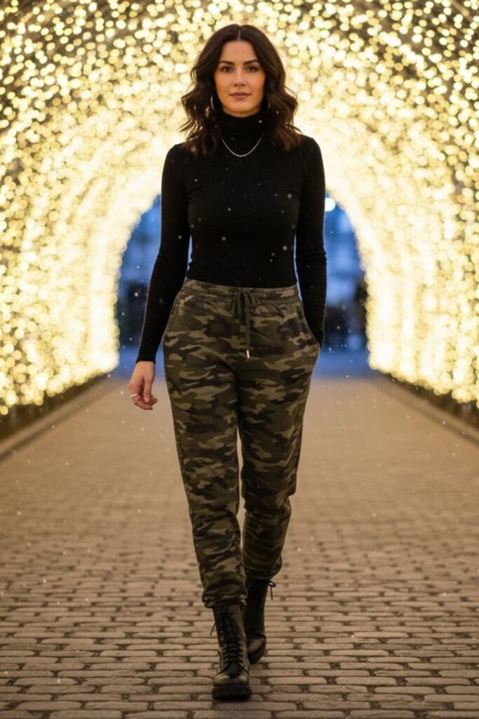 9. Camo Sweatpants with Black Turtleneck