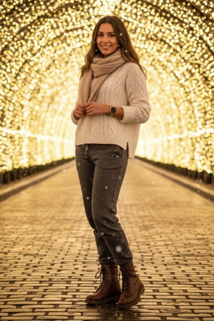 9. Charcoal Sweatpants with Cable Knit Sweater and Boots