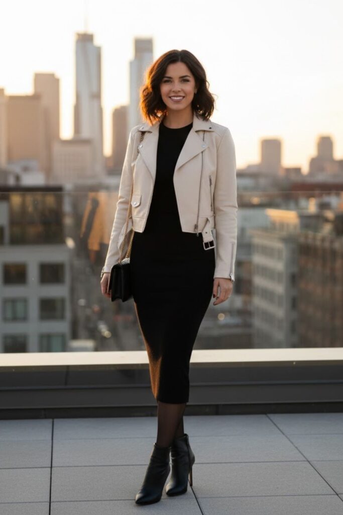 9. Cream Leather Jacket Outfit with Midi Bodycon Dress
