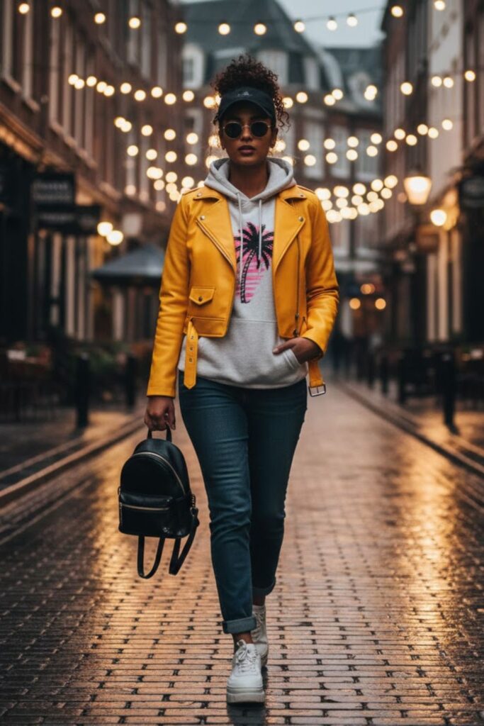 9. Cropped Leather Jacket with Pleated Trousers