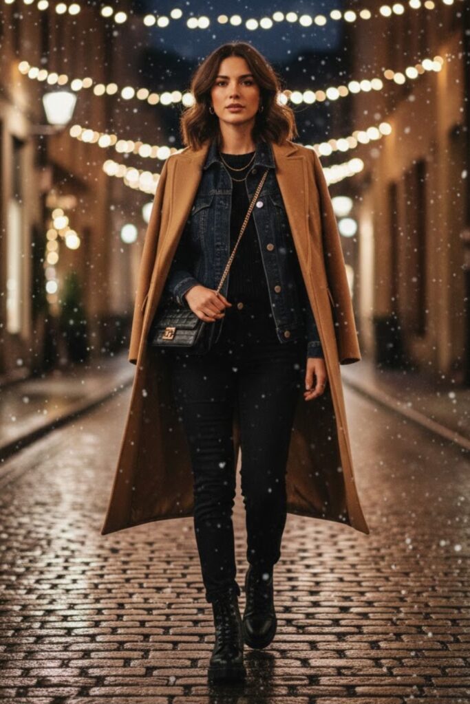 9. Denim Jacket Layered Under a Coat