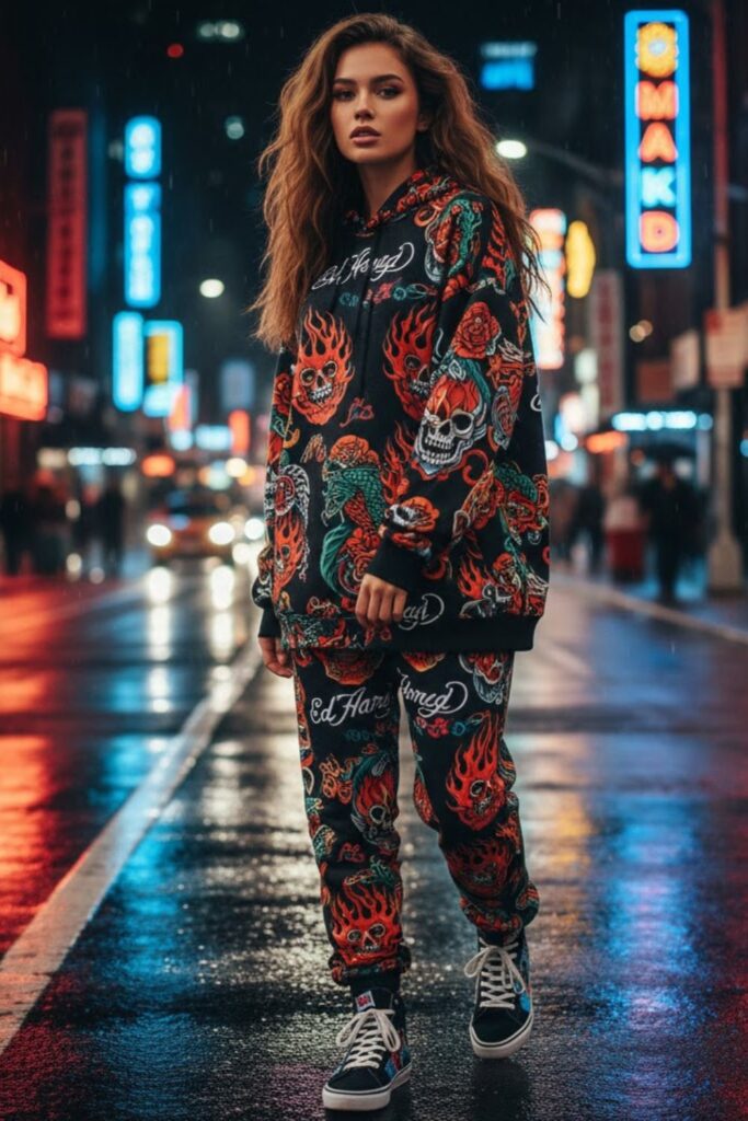 9. Ed Hardy Sweatpants with Matching Graphic Hoodie