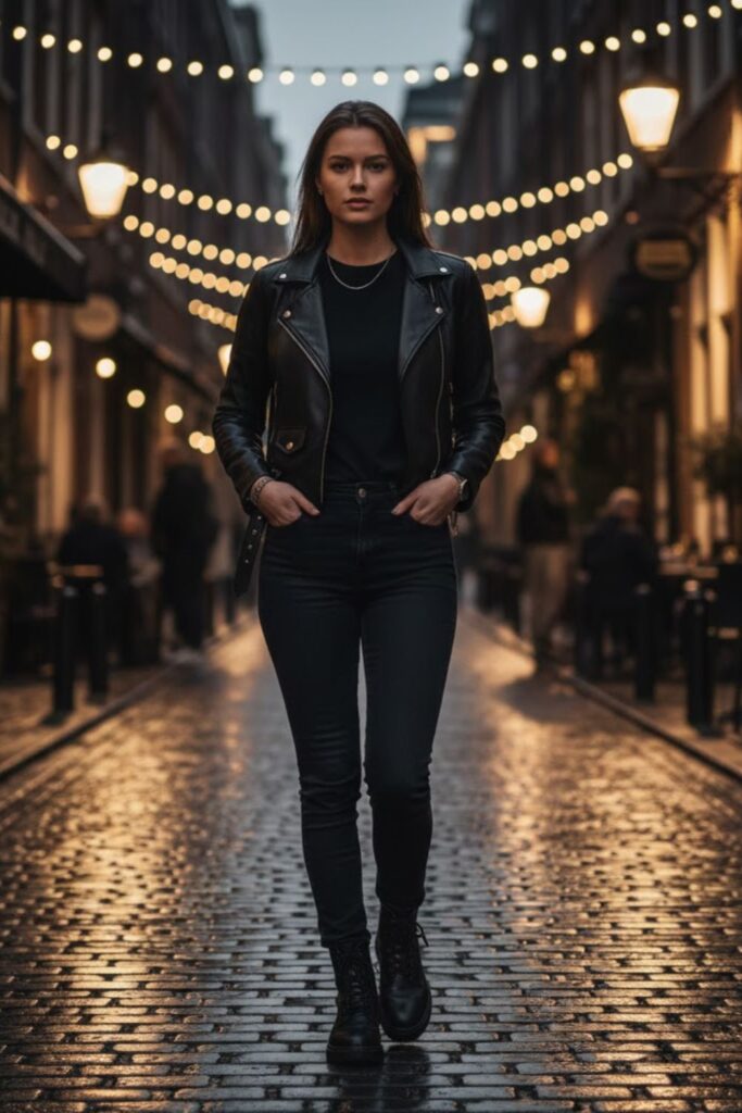 9. Faux Leather Jacket with All-Black Ensemble