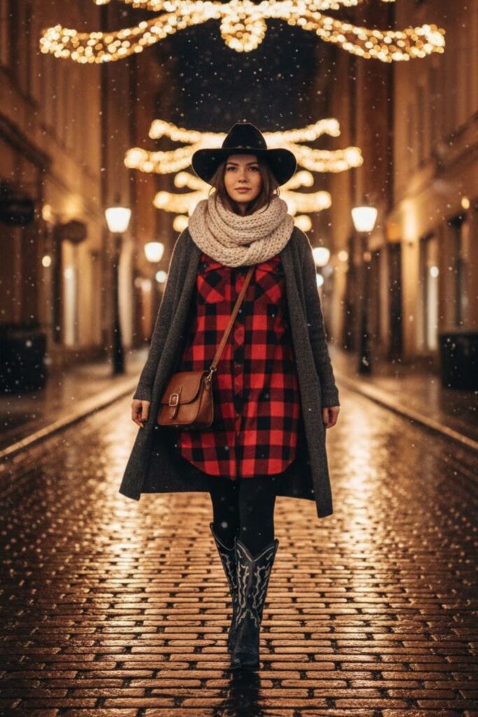 9. Flannel Shirt Dress with Thick Leggings and Cowboy Boots