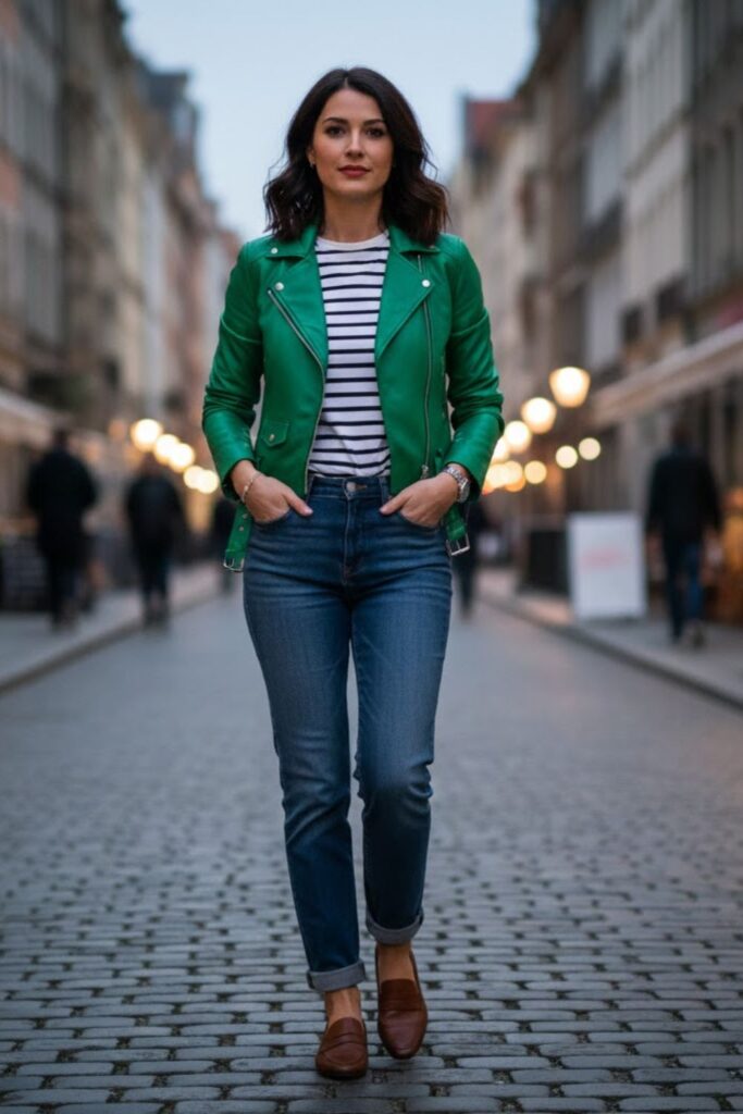9. Green Leather Jacket with Striped Shirt and Jeans