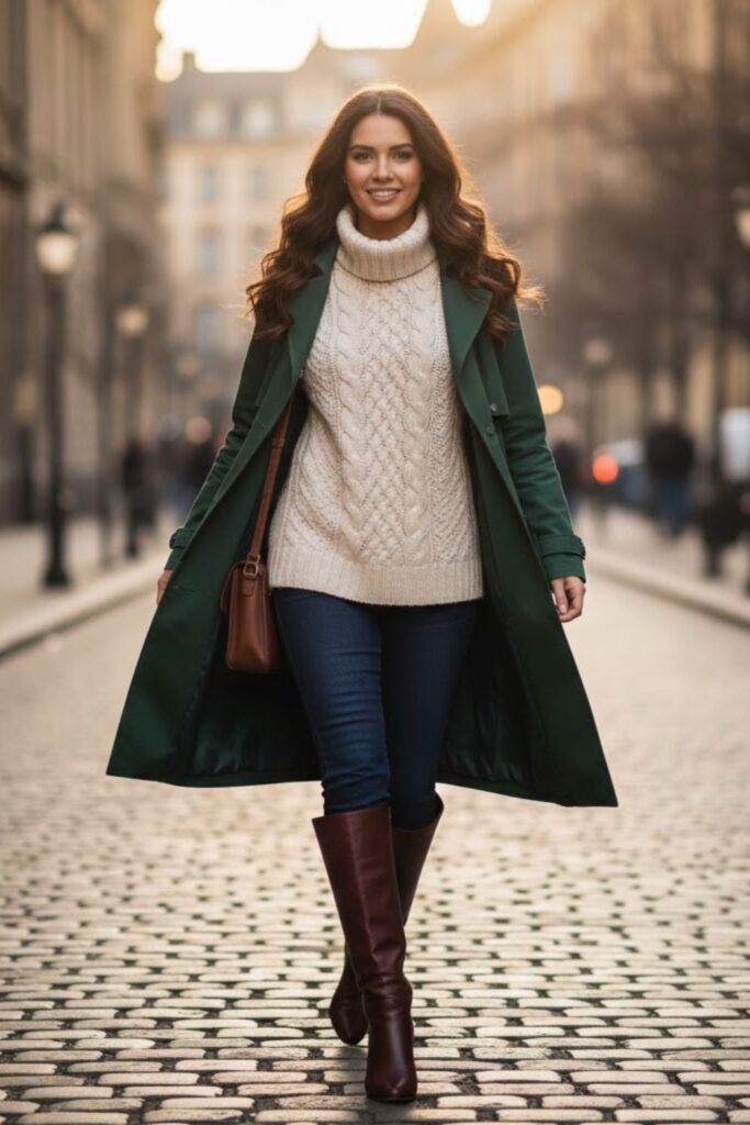 9. Green Trench Coat With Knee-High Boots and Knitted Layers