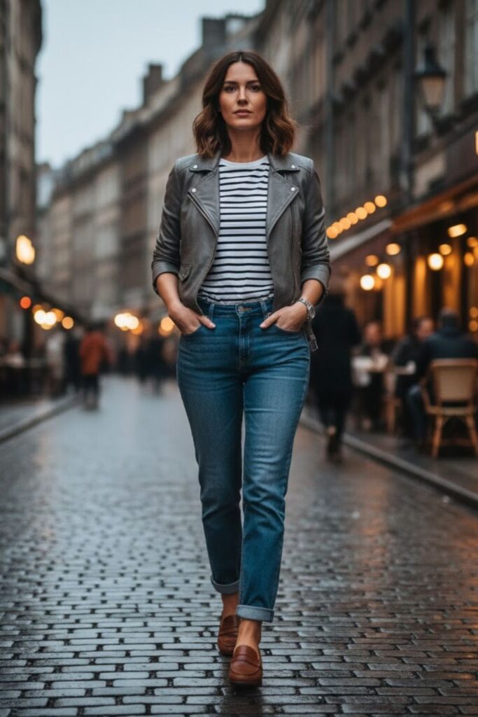 9. Grey Leather Jacket with Striped Shirt and Jeans