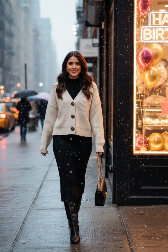 9. Knit Cardigan With Midi Skirt and Boots