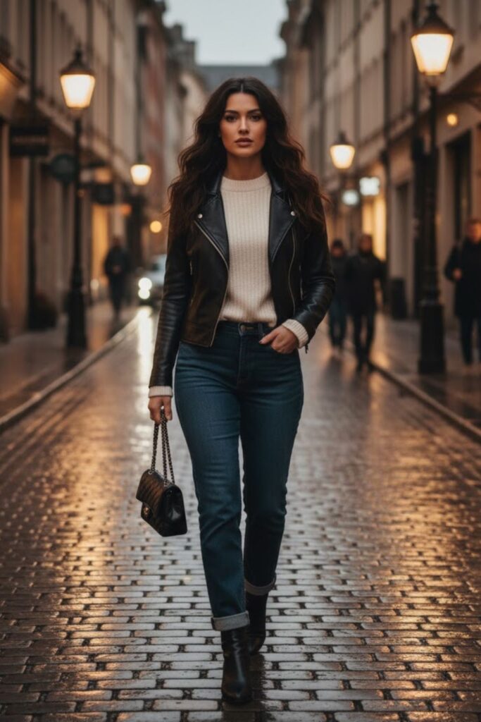 9. Leather Jacket and Knit Sweater