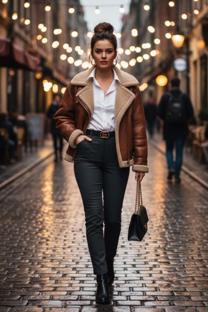 9. Leather Jacket with Button-Up Shirt and Slim Trousers