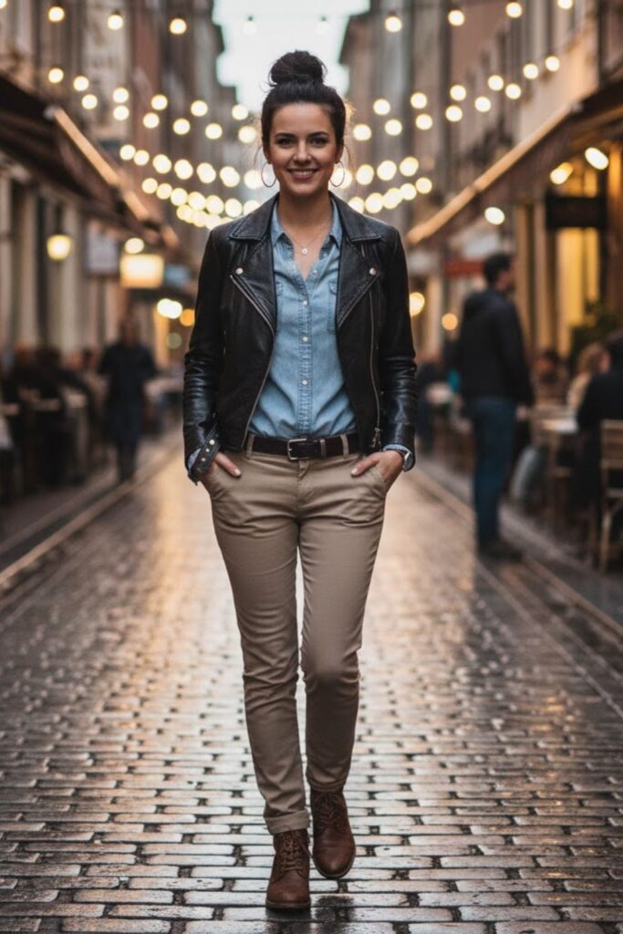 9. Leather Jacket with Chino Jeans and Casual Shirt