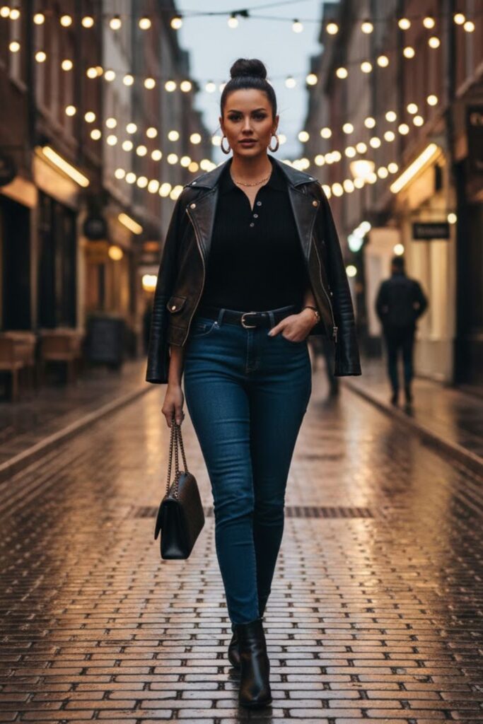 9. Leather Jacket with Dark Denim and Polo Shirt