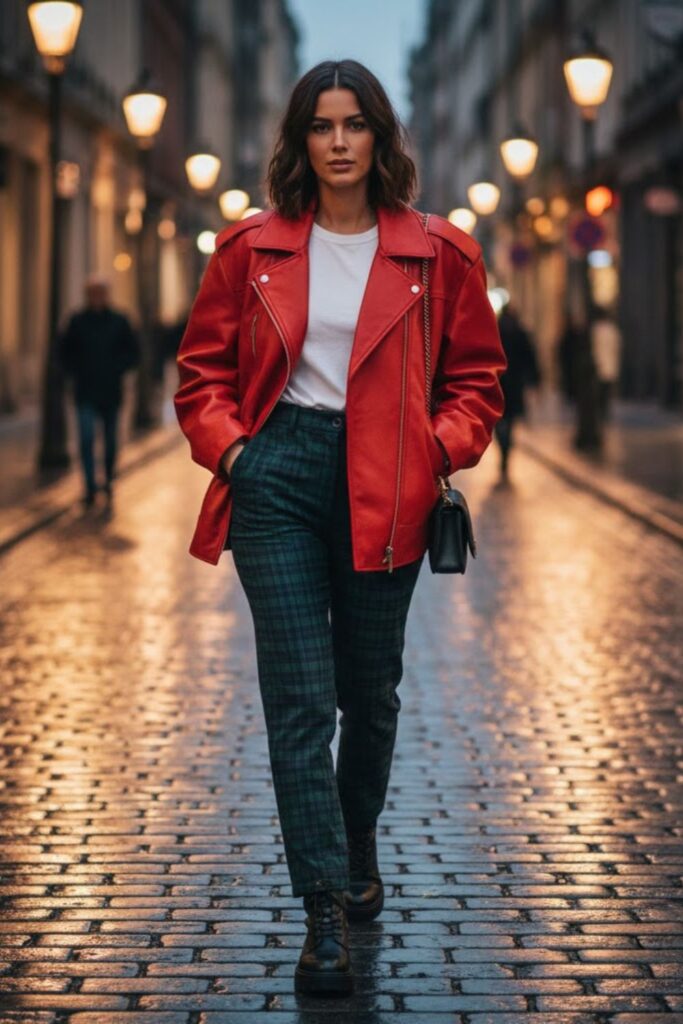 9. Leather Jacket with Plaid Trousers