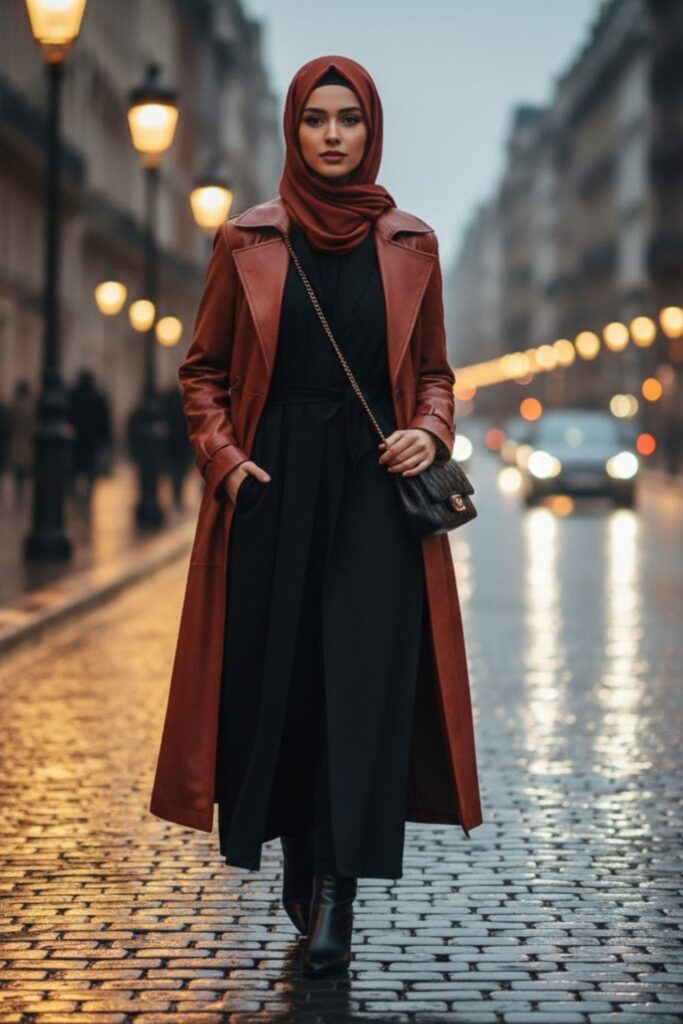 9. Leather Jacket with a Simple Abaya