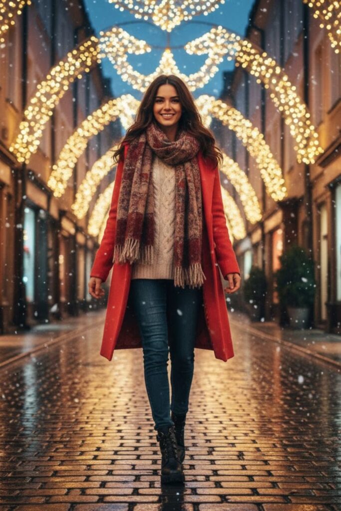 9. Long Coat with Sweater and Slim Jeans