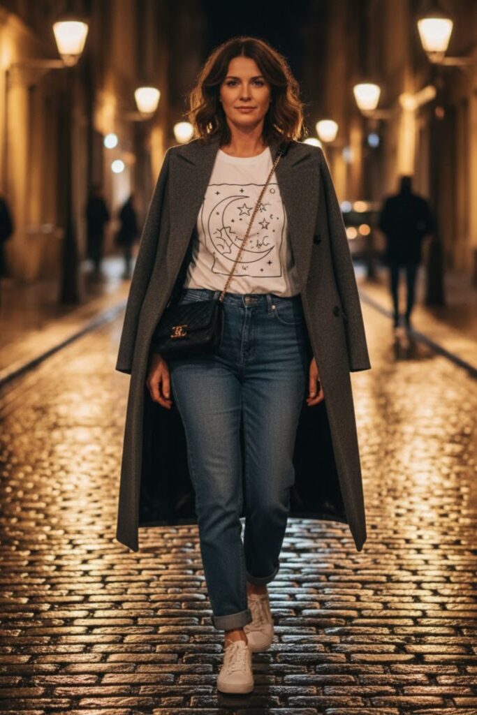9. Long coat outfit casual with graphic tee and jeans