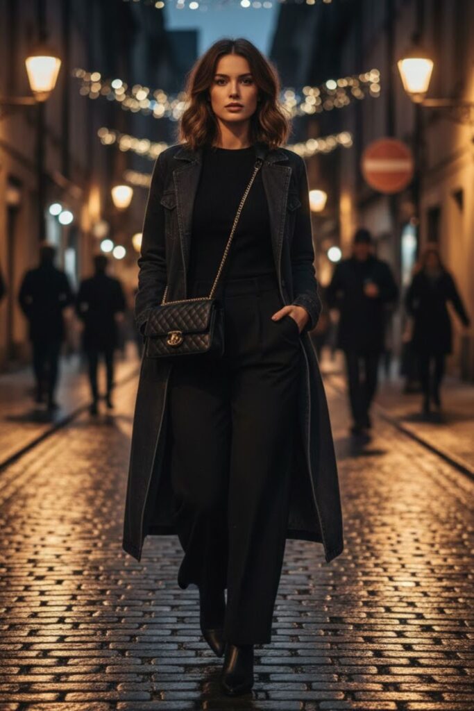 9. Long denim coat outfit with wide-leg trousers and fitted top