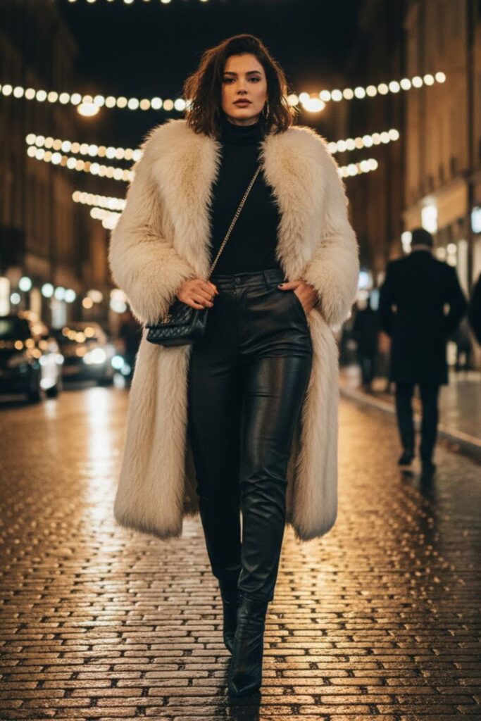 9. Long fluffy coat outfit with leather pants
