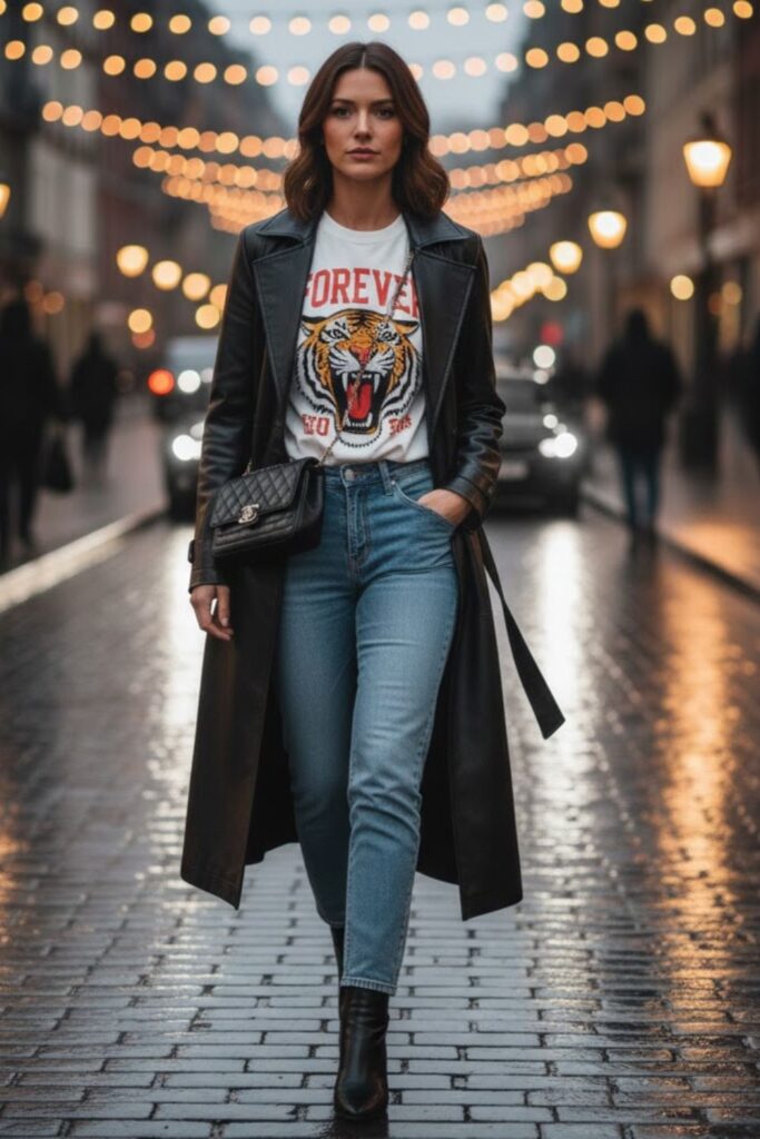 9. Long leather coat outfit with graphic tee and boots