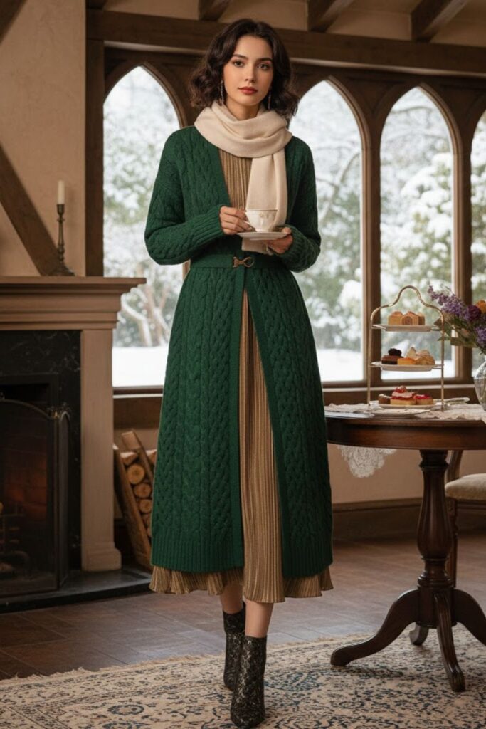 9. Longline Cardigan With Pleated Dress