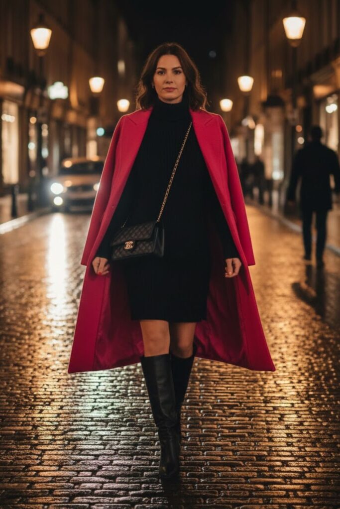 9. Pink long coat outfit with black turtleneck dress