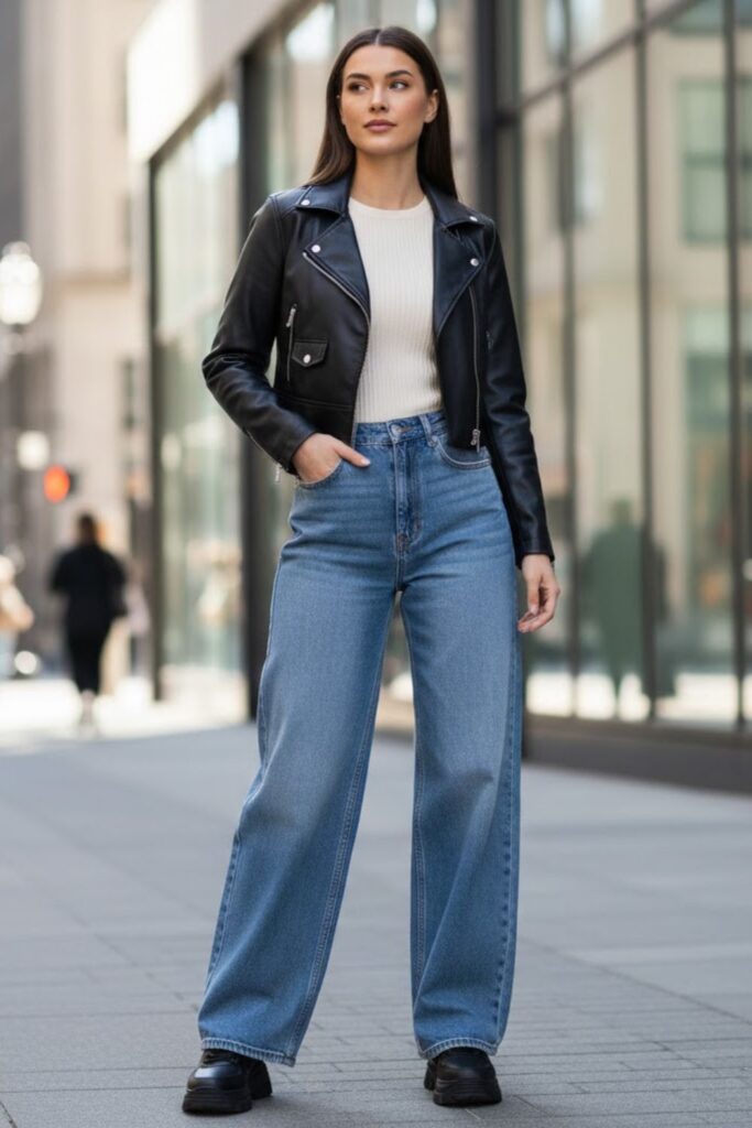 9. Short Leather Jacket with Wide-Leg Jeans