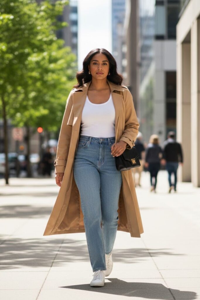 9. Tan Trench Coat with Basic Tank and High-Waisted Jeans