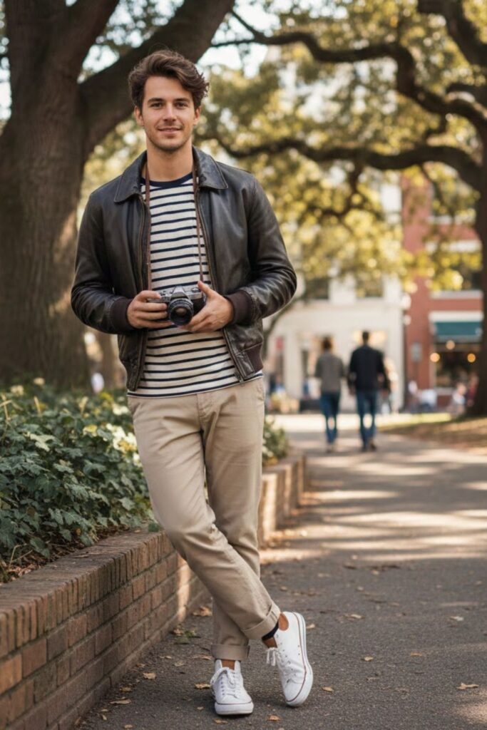 9. Vintage Leather Jacket with Striped Tee and Khaki Pants