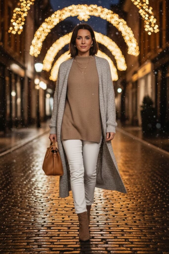 9. White Jeans with Cozy Tunic and Booties