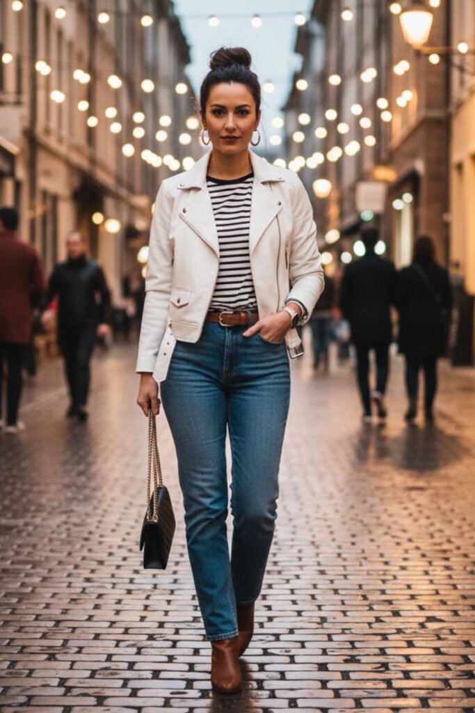 9. White Leather Jacket with Striped Shirt and Jeans