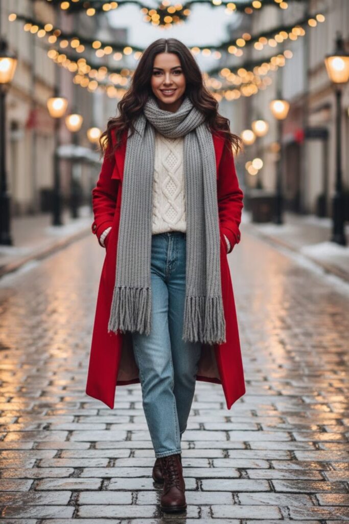 9. Winter Trench Coat with a Long Scarf and Denim