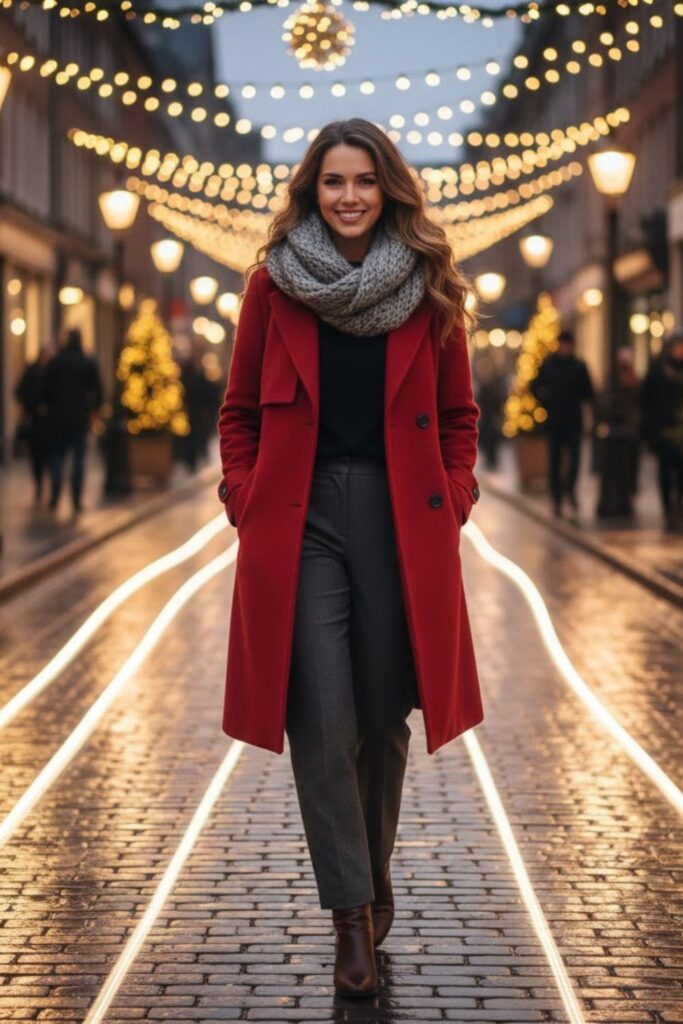 9. Wool Trench Coat with a Long Scarf and Straight Pants