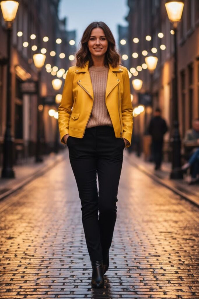 9. Yellow Leather Jacket with Beige Sweater and Black Pants